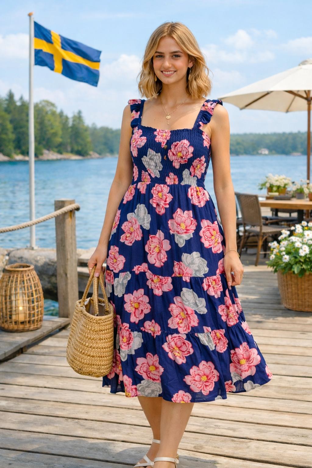 Nordic Bloom-knappklänning i midimodell